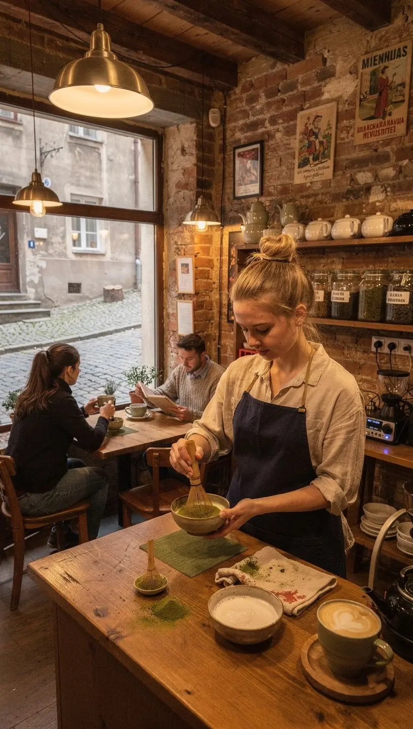 Informacinė schemų lenta su arbatos rūšių ir jų naudos aprašymais, skirta švietimui ir supratimui skatinti