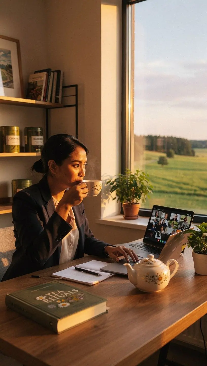 Rami namų aplinka su arbatos puodeliu ant stalo, pabrėžianti atsakingą ir subalansuotą arbatos vartojimą kasdienėje praktikoje