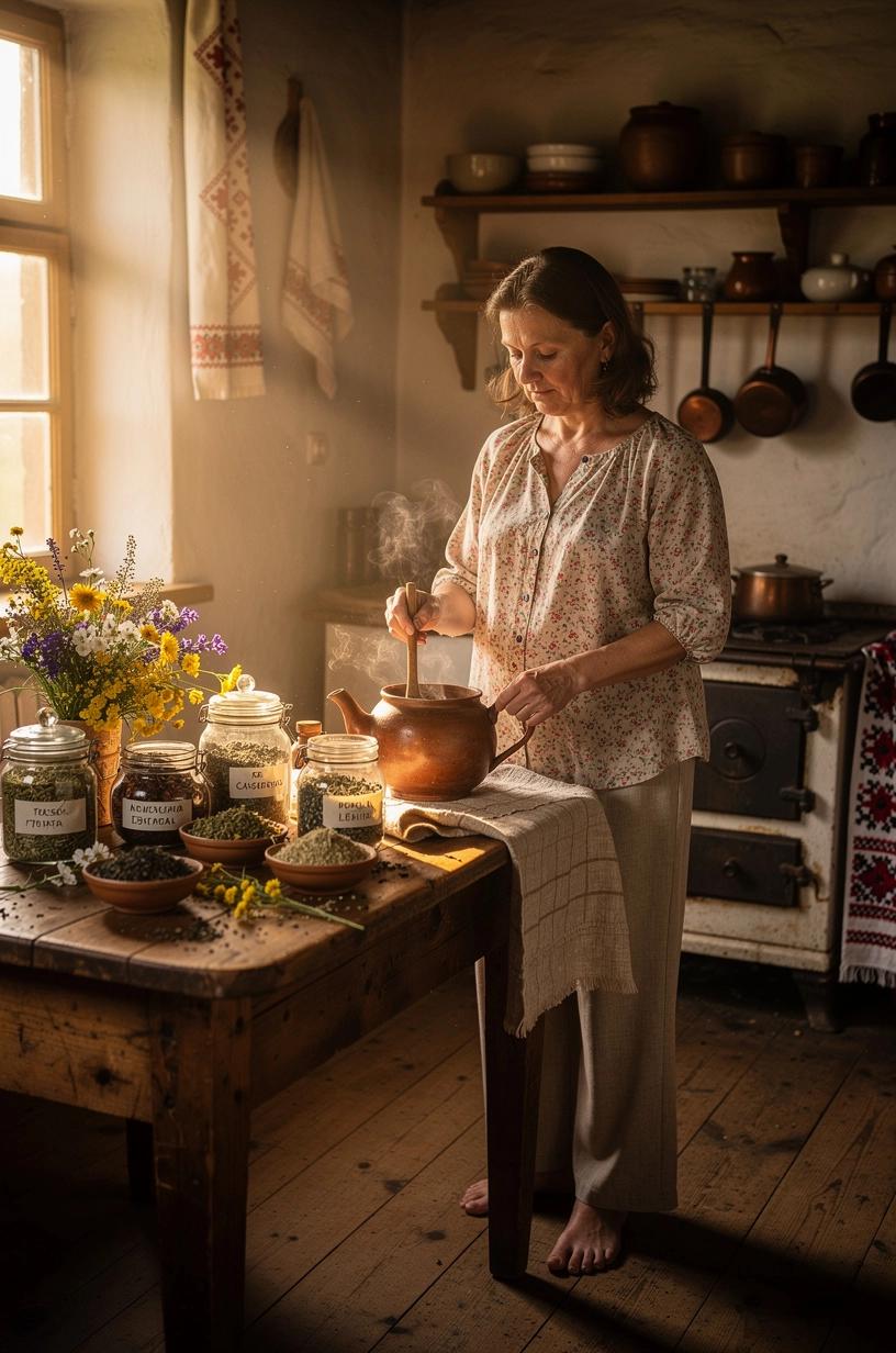 Arbatos puodelis ant stalo su šviežiais lapeliais ir užrašais apie arbatos naudą kasdieniuose ritualuose